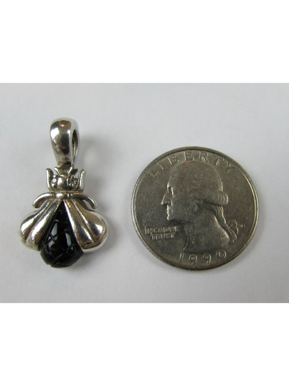 Slane & Slane Sterling Silver Onyx  and Diamond Eye Bee Pendant Hinged Bail